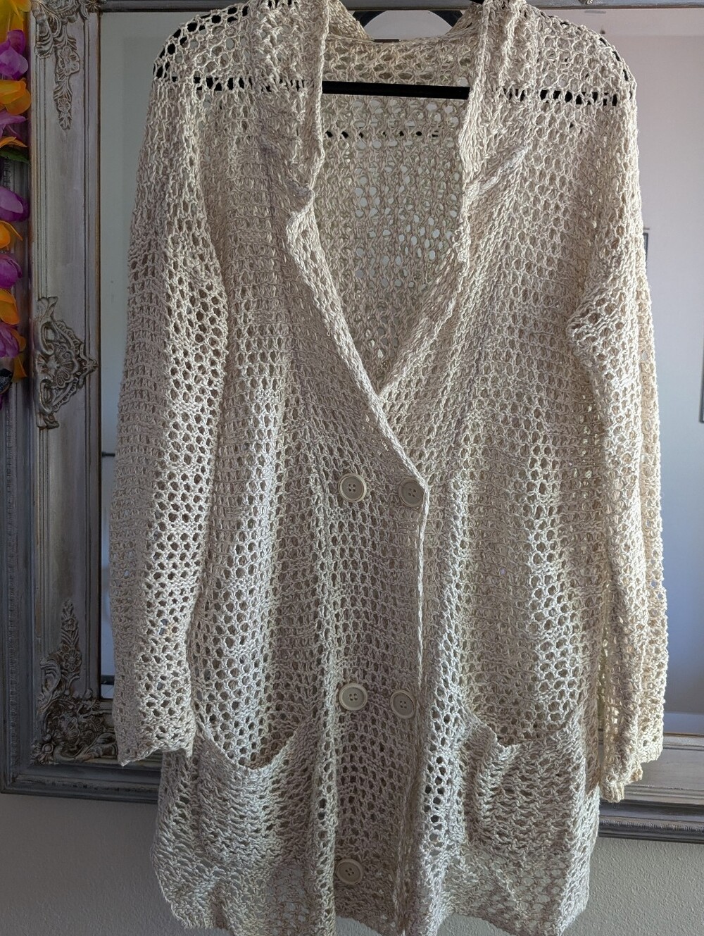 Free People Cream Open-Knit Button Front Cardigan Size Large